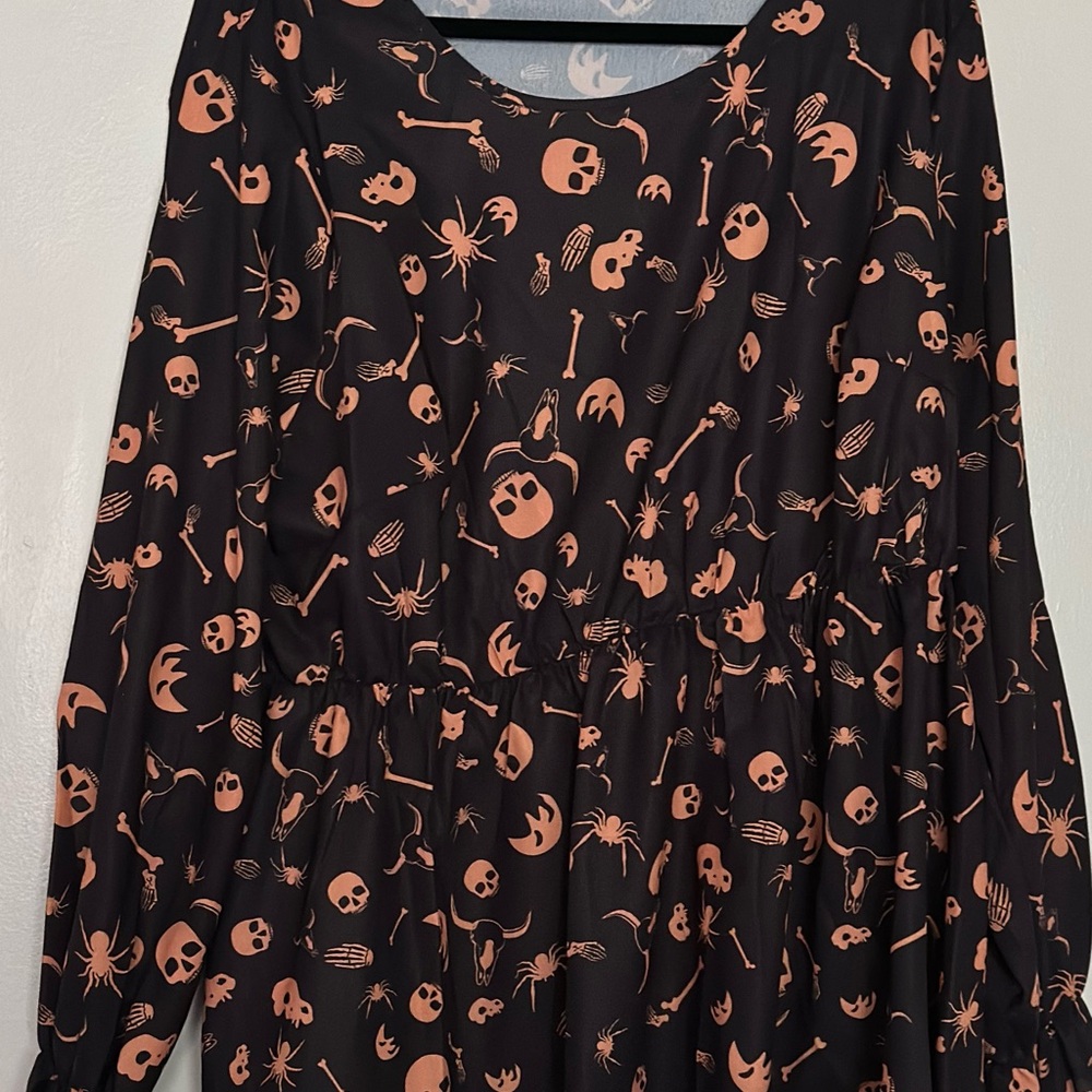 BloomChic Black Dress blouse with Orange Skull Motif